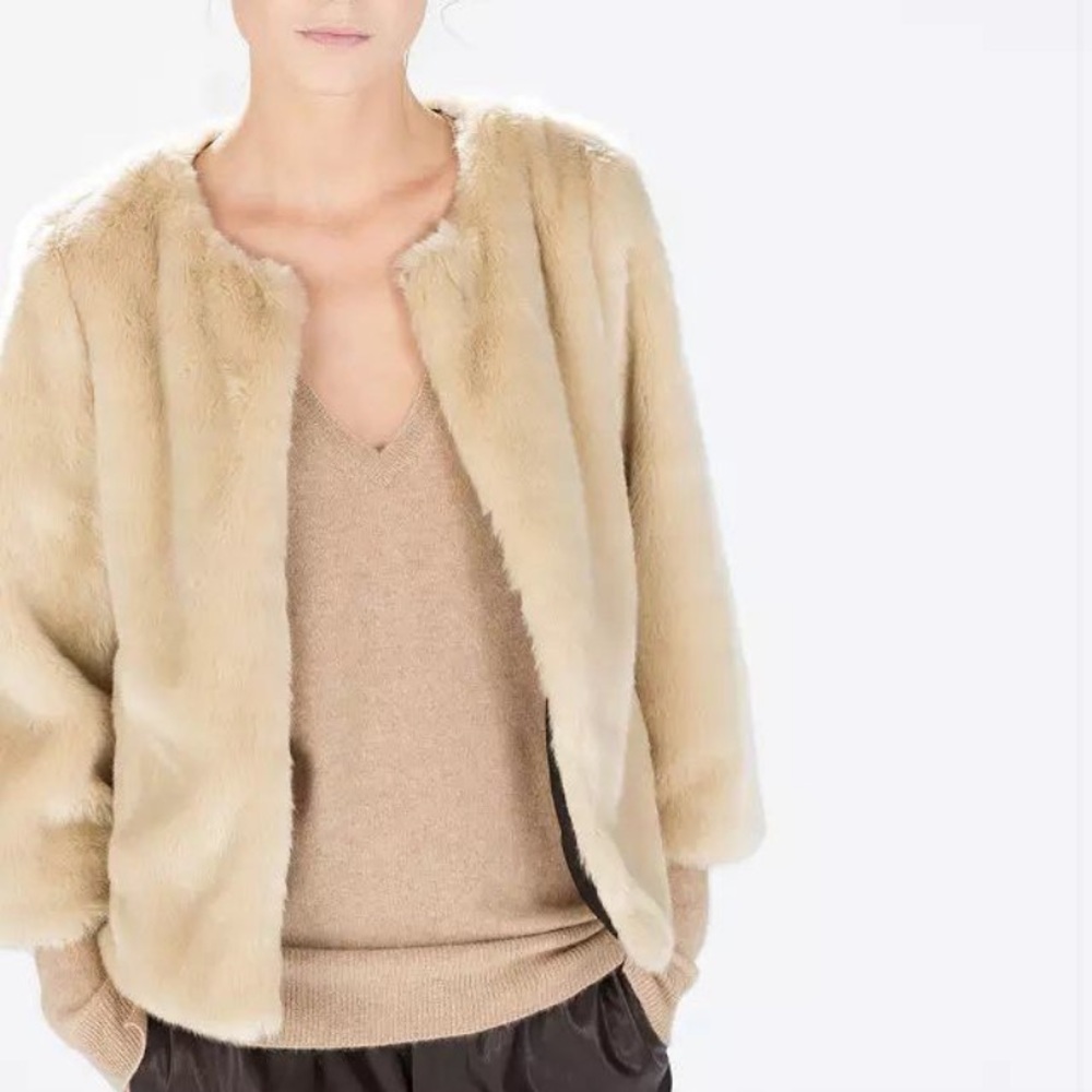 Zara Short Beige Faux Fur Teddy Coat